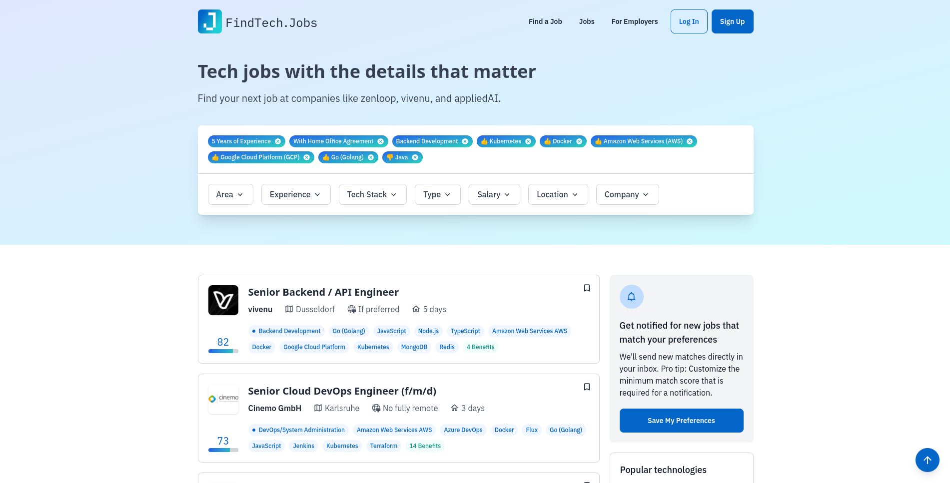 Screenshot of our job search page